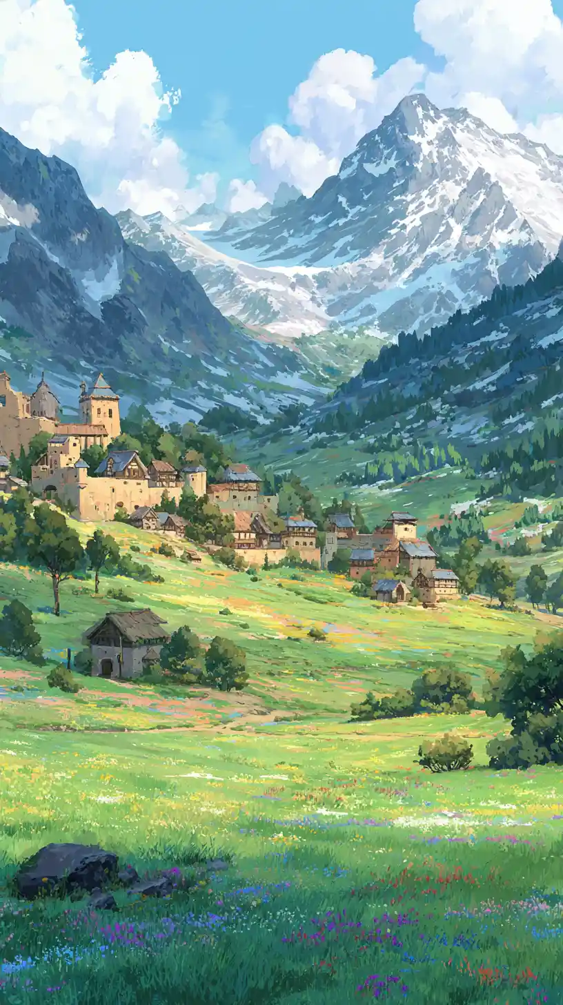 Village médiéval d’anime dans un paisible paysage fantastique