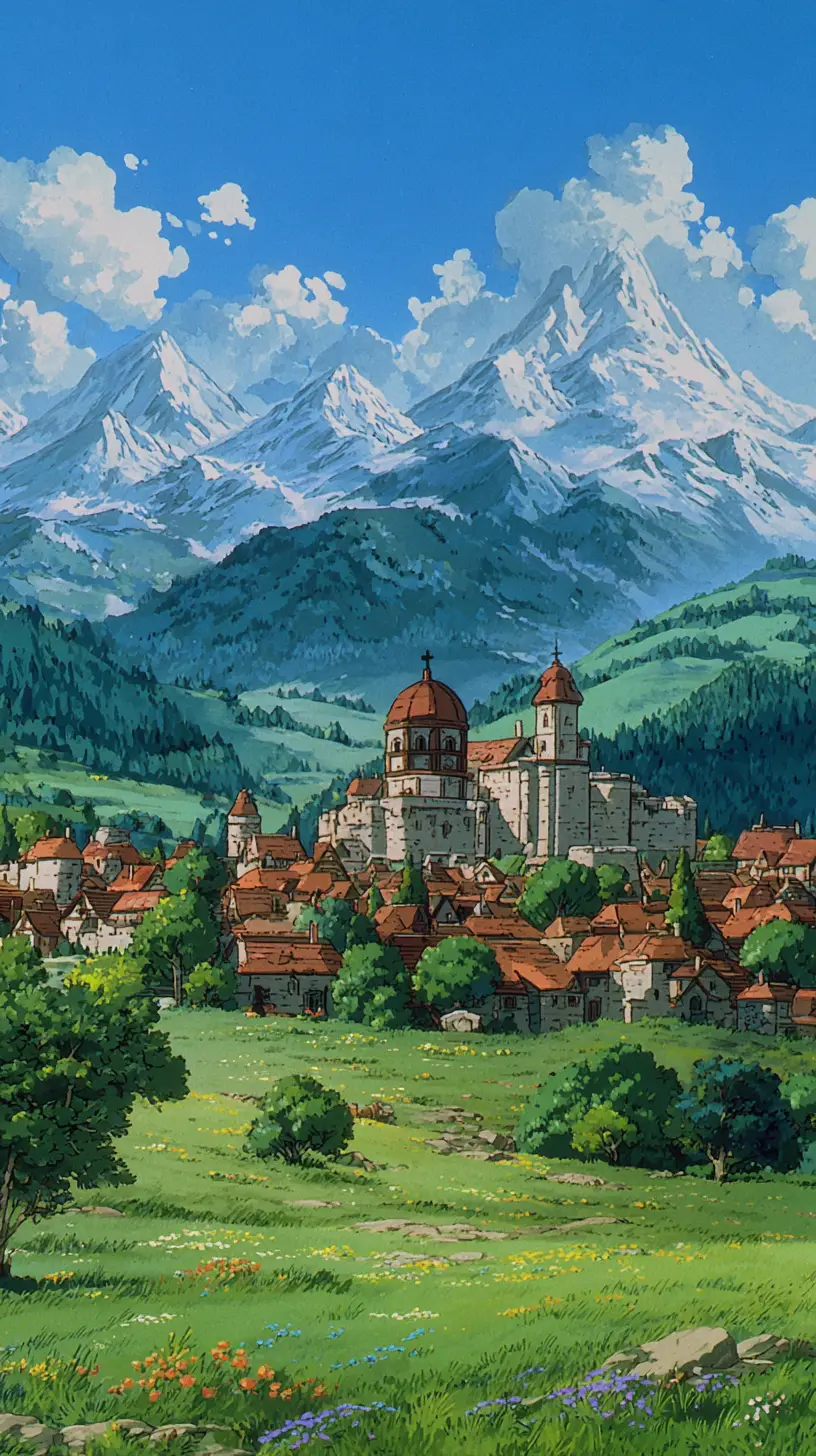 Serene medieval village within warm walls and green meadows