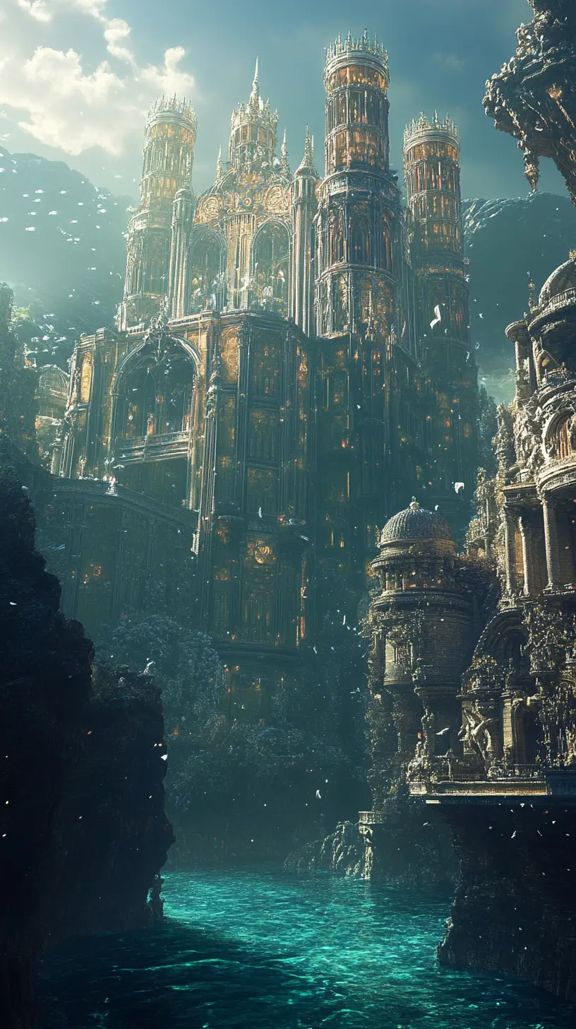 Ethereal fantasy sea monster rising in ruined anime world