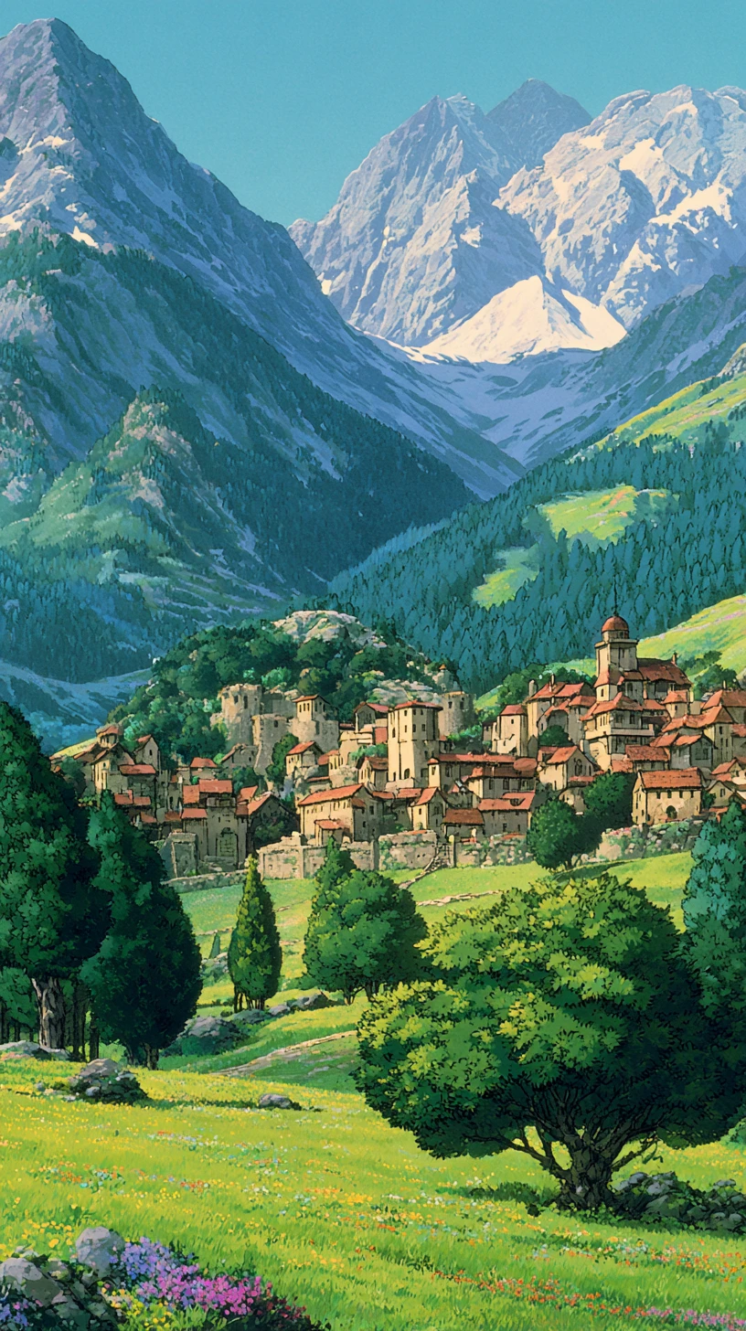 Village médiéval serein dans un chaleureux pré ceint de remparts