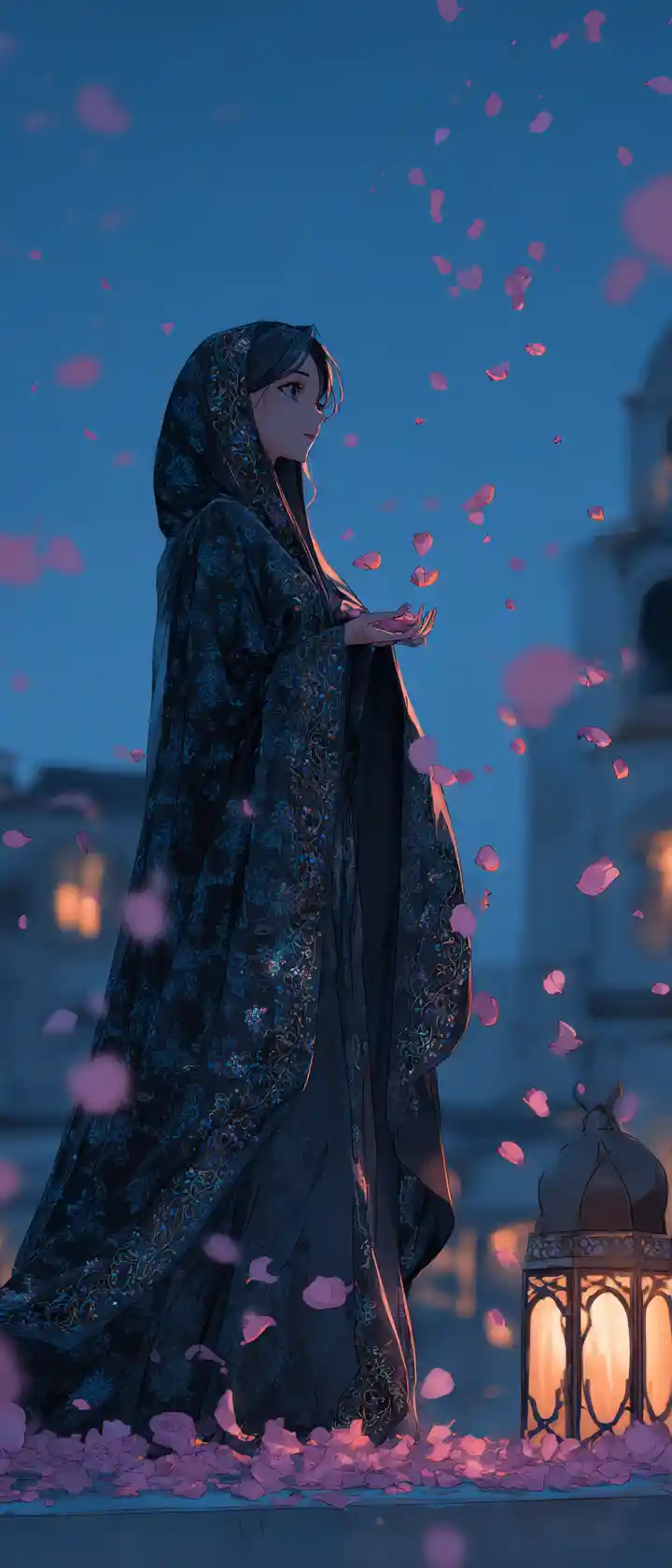 Young woman on Damascus rooftop scattering rose petals