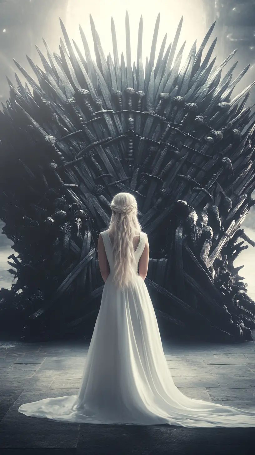 Woman In White Facing A Dark Iron Sword Throne