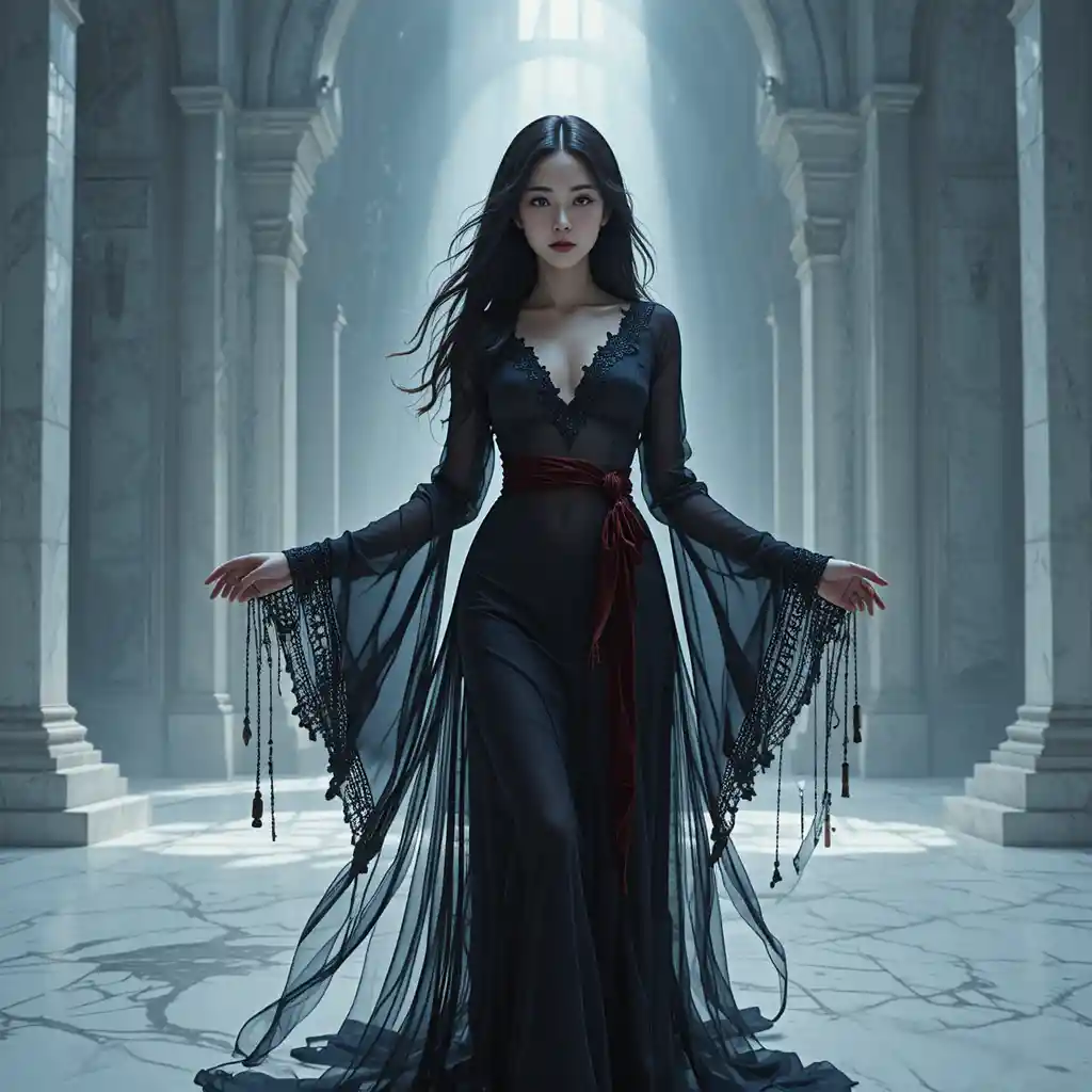 Strega coreana in abito di chiffon nero sul marmo