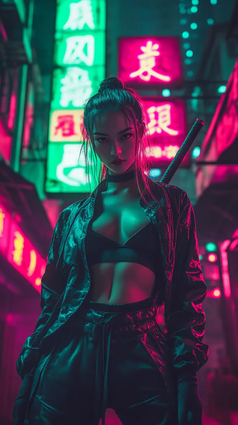 Chinese anime warrior woman posing in Hong Kong night street