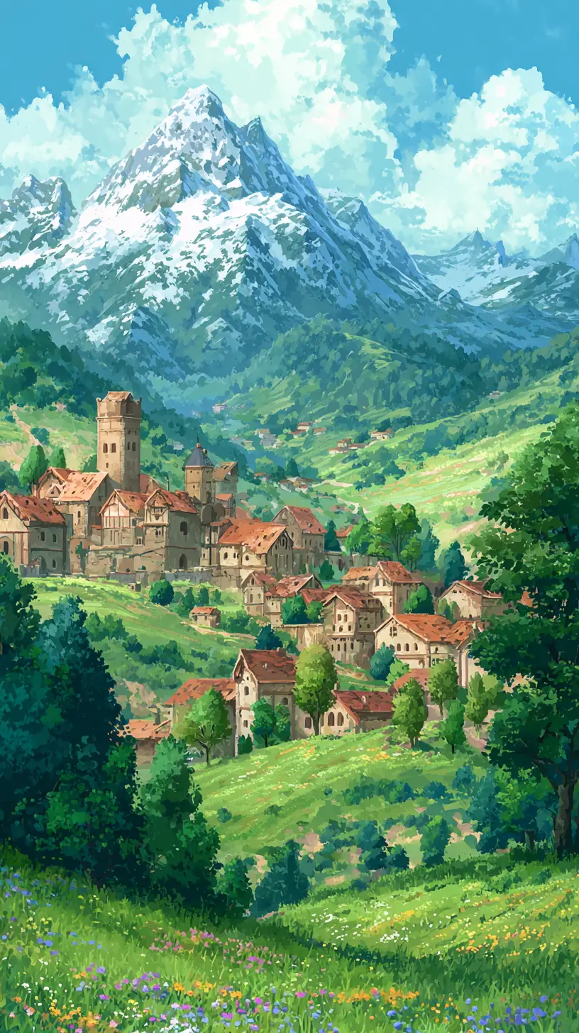 Anime medieval village in a peaceful fantasy valley