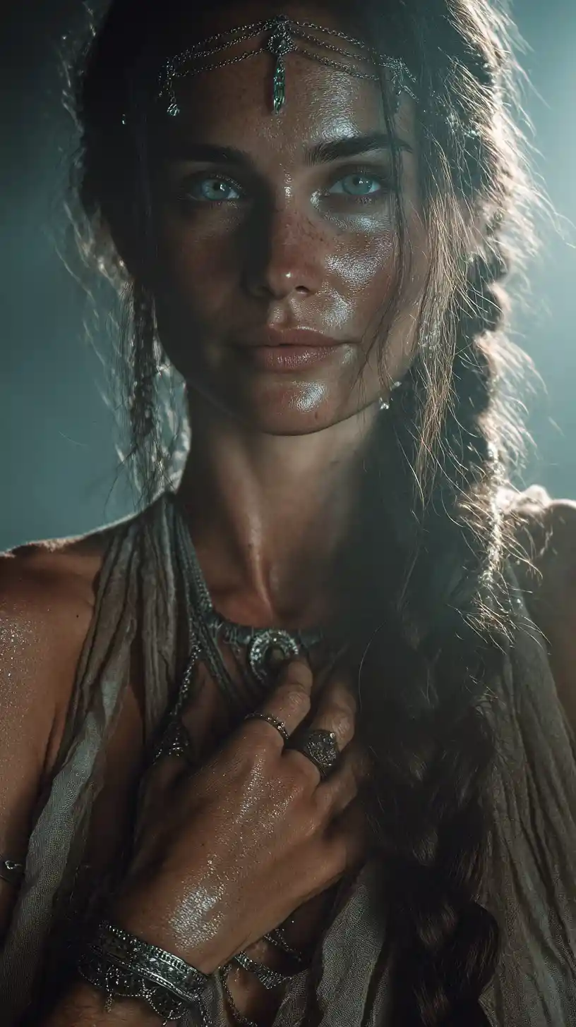 Cold gaze woman portrait with jeweled braid and soft light