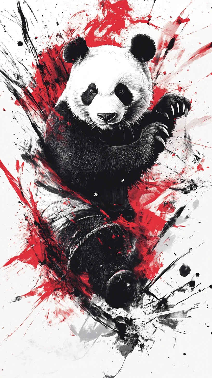 Warrior Panda Striking Forward In Dynamic Ink Splash Style