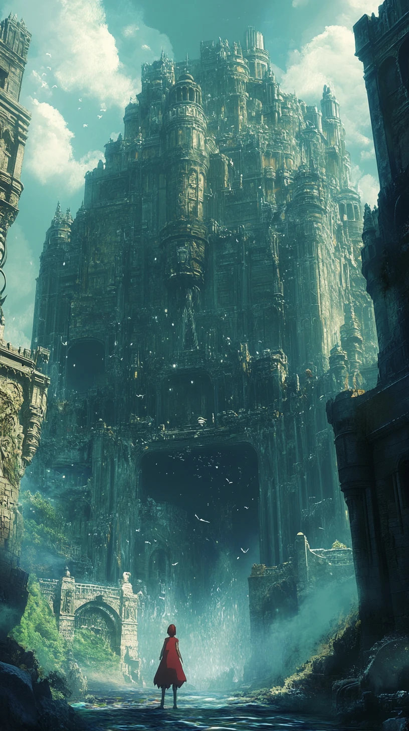 Ätherisches Anime-Seeungeheuer erhebt sich in ruinierter Fantasy-Stadt