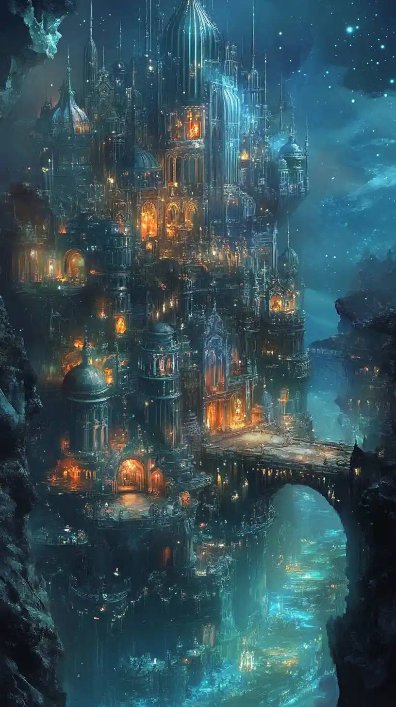 Ätherischer Fantasy-Leviathan erhebt sich vor einer ruinösen Stadt