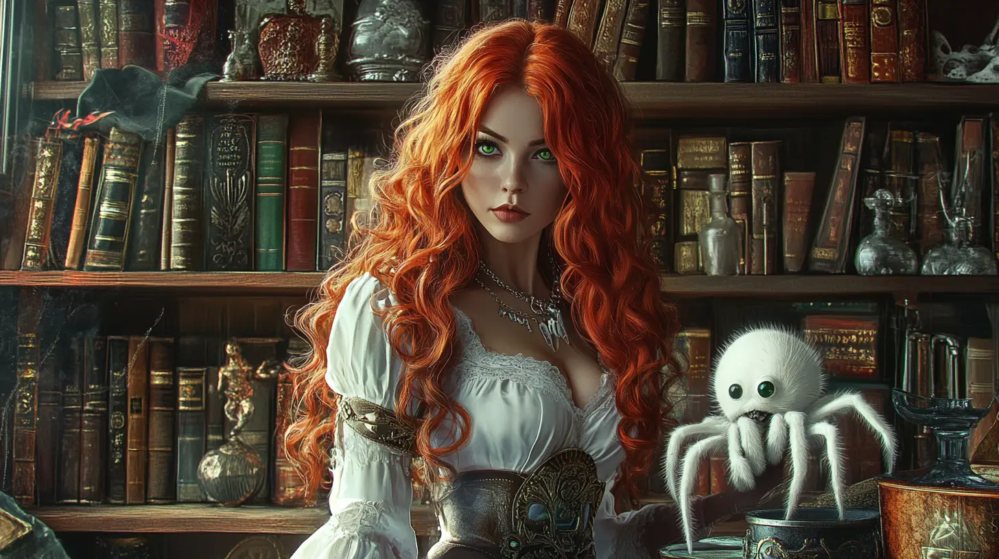 Red haired white witch in a magical steampunk library
