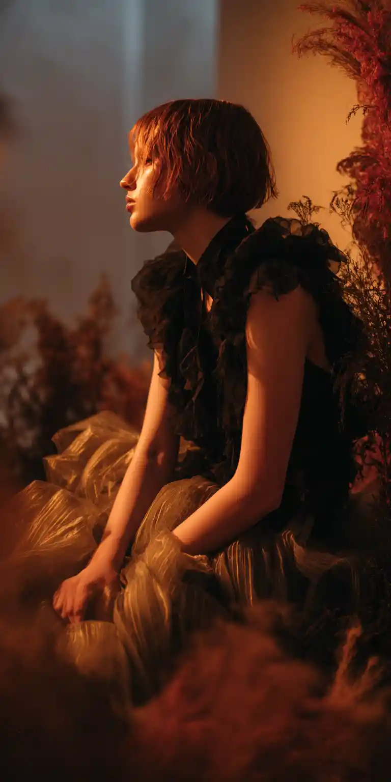 Femme fashion dans une installation conceptuelle de studio exigu