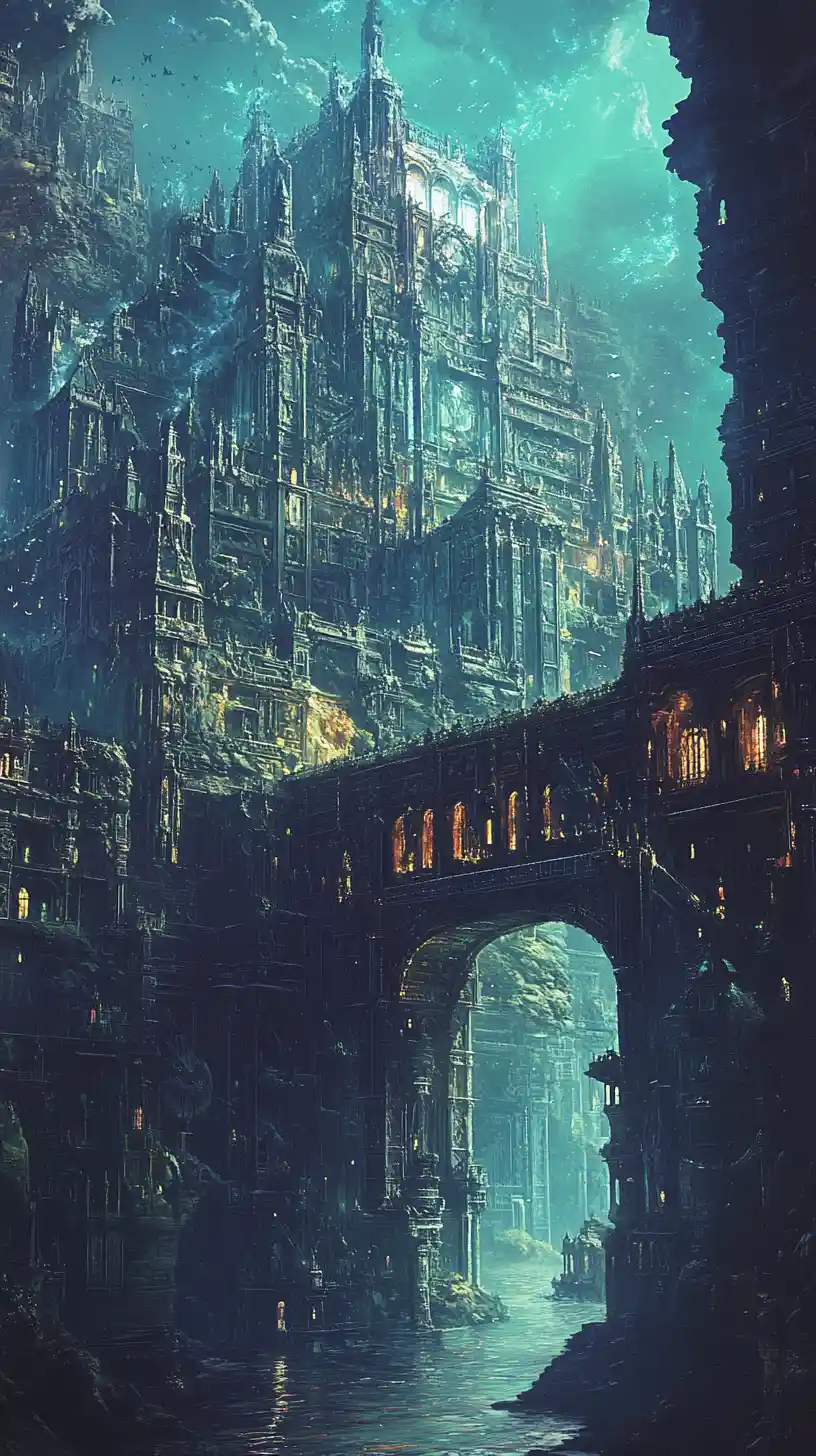 Ätherisches Fantasy-Seeungeheuer erhebt sich über ruinierter Stadtlandschaft