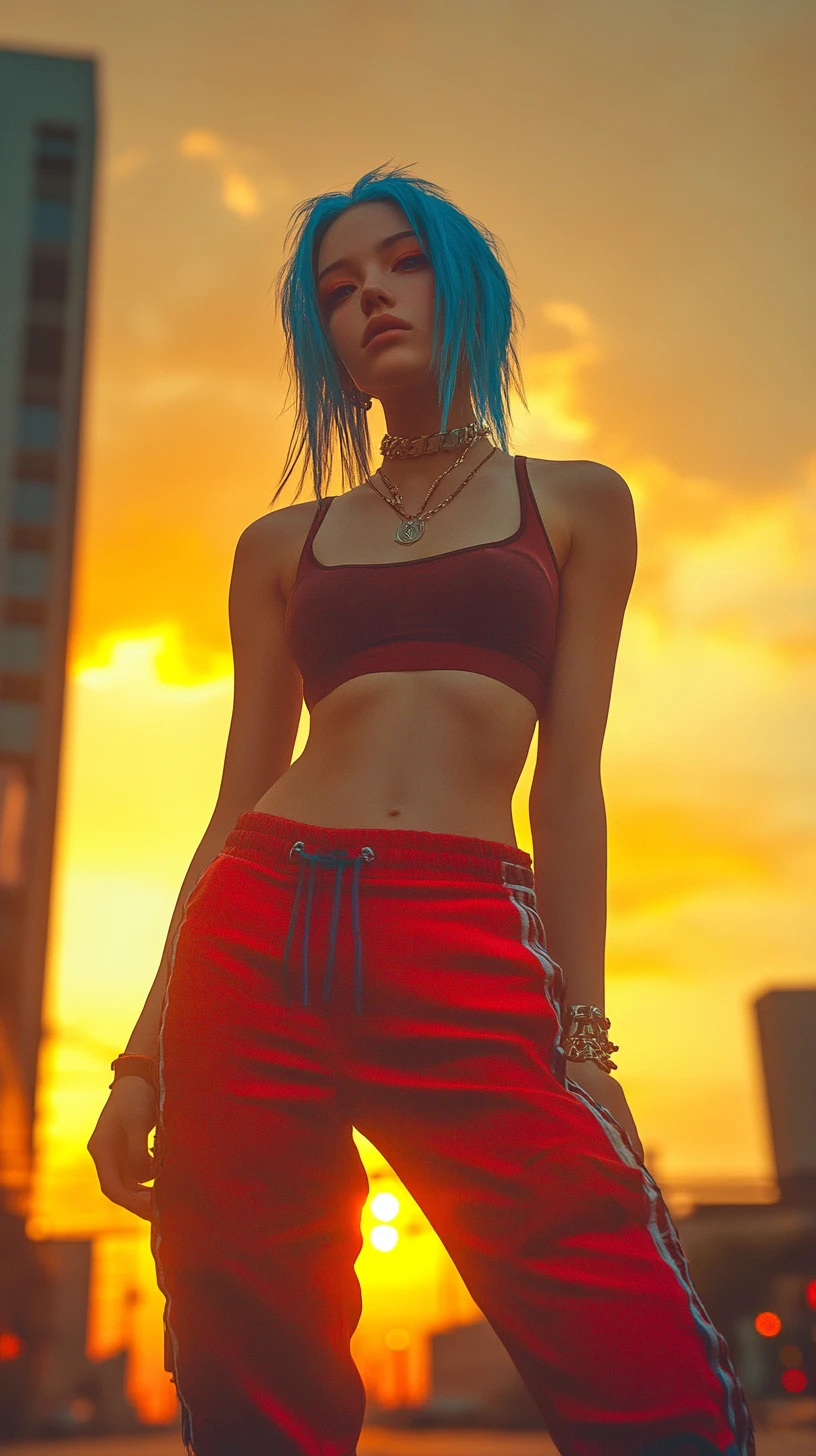 Femme aux cheveux bleus dans une rue de la ville au coucher du soleil