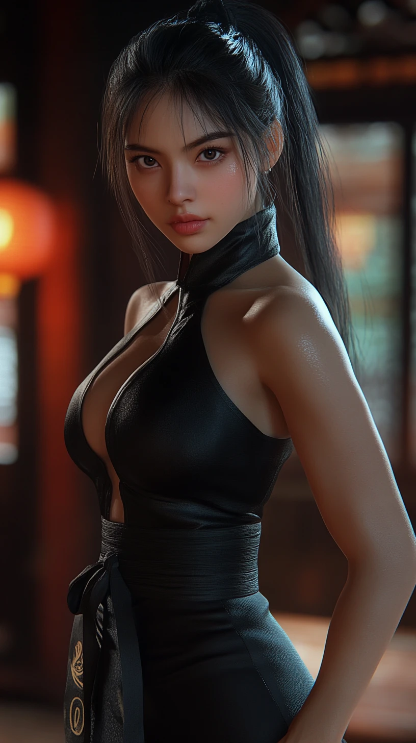 Chinese female martial artist in a strong fighting stance