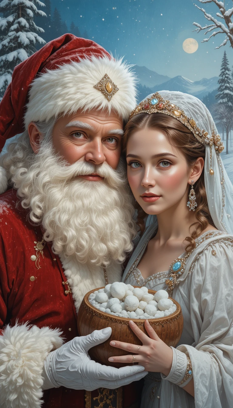 Ölporträt von Weihnachtsmann und Schneemädchen im Winter