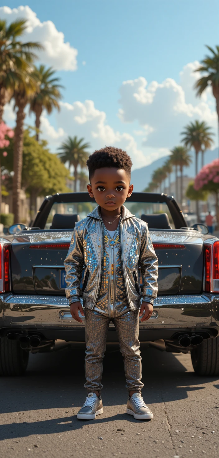 Young boy rapper driving a shiny cadillac outdoors
