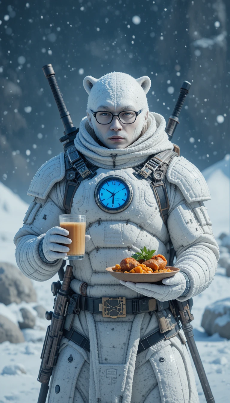 Armored warrior in snowy landscape holding latte and bento