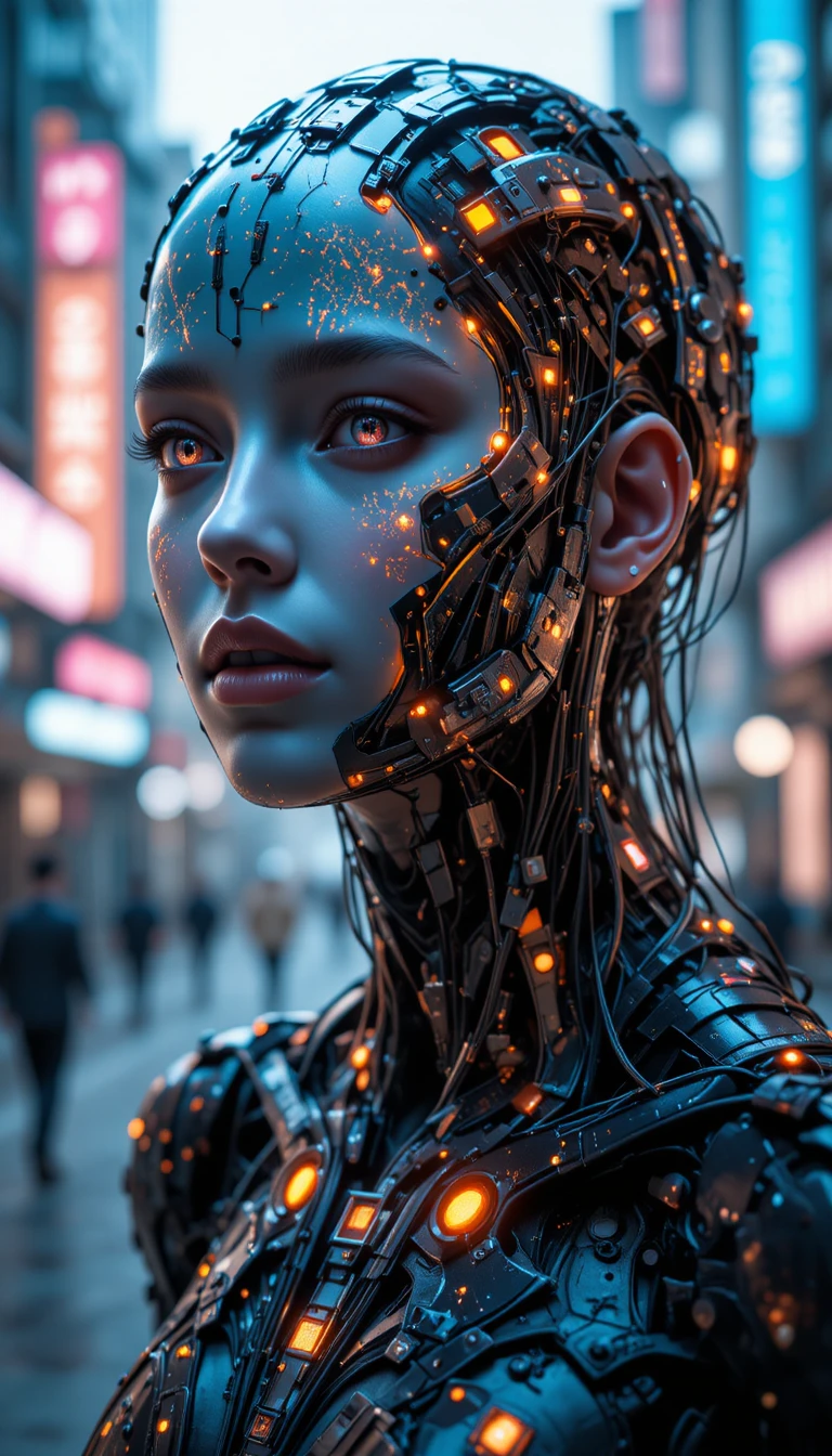 Cyberpunk cyborg portrait with glowing neural wires