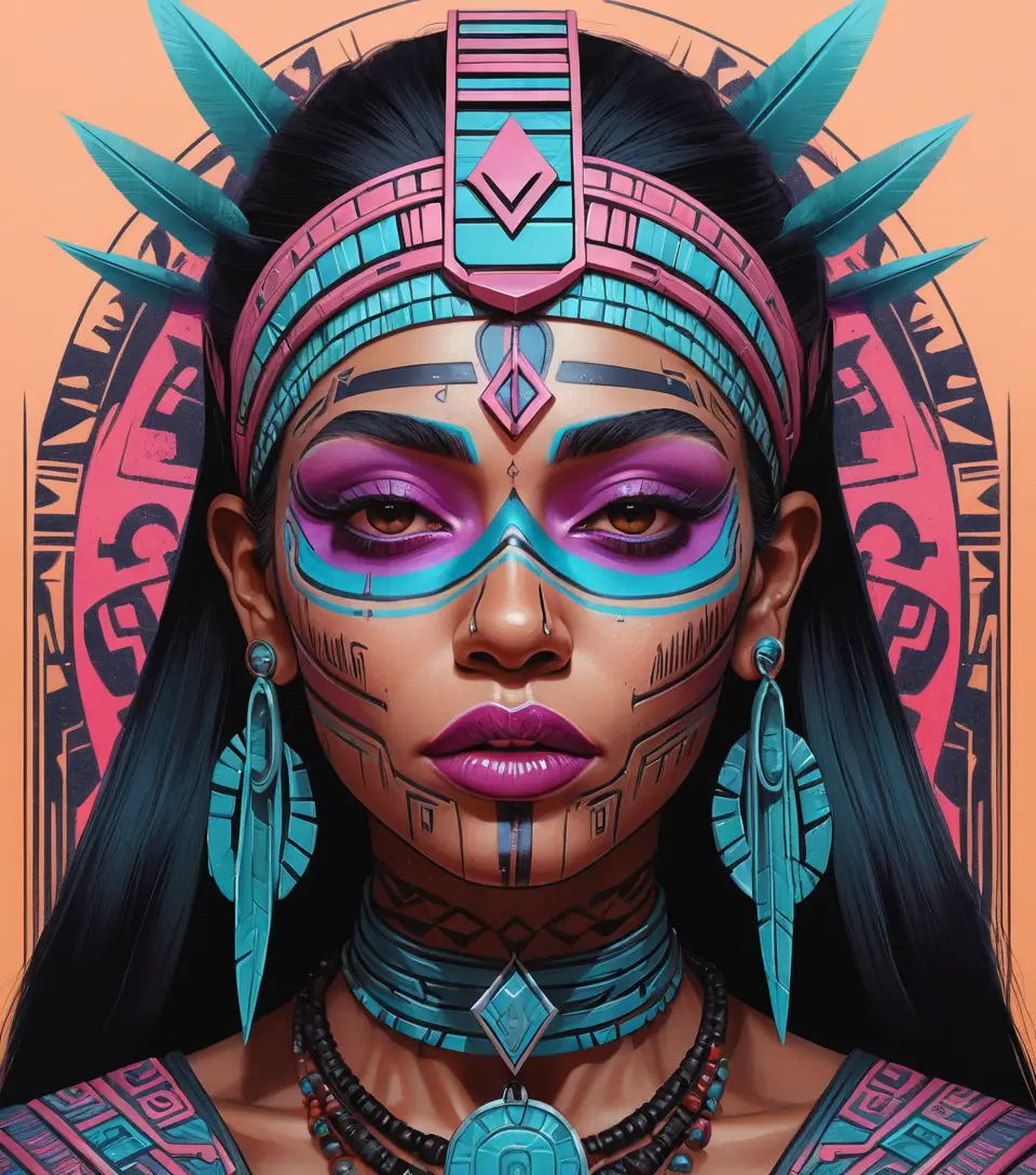 Aztec priestess surrounded by dense futuristic calligraffiti