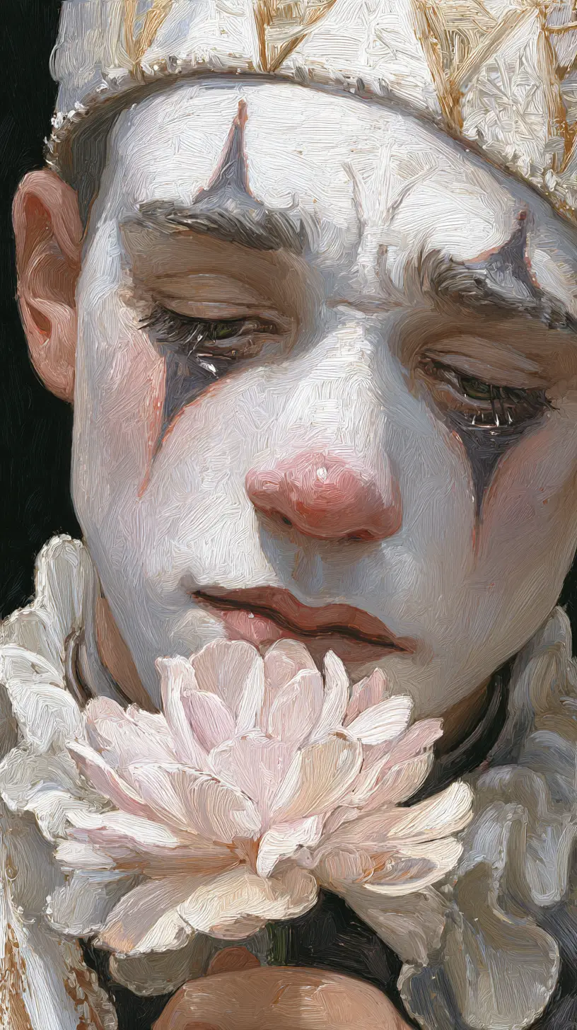 Melancholic pierrot holding a pastel flower in the circus