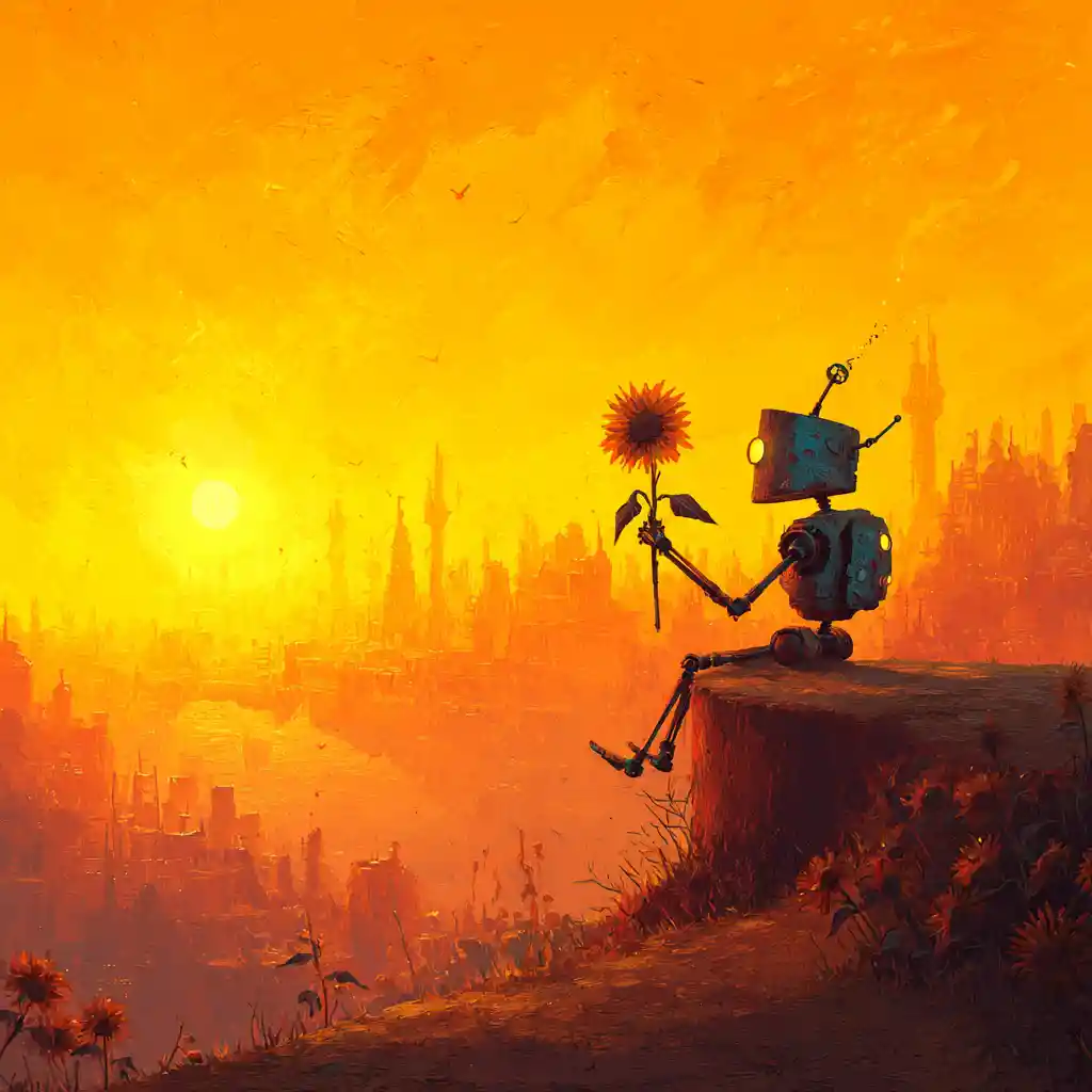Cyberpunk robot with sunflower at golden hour