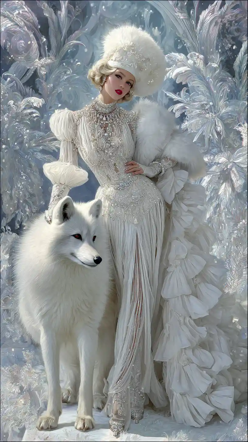 Diva d’hiver vintage avec renard polaire en robe glamour