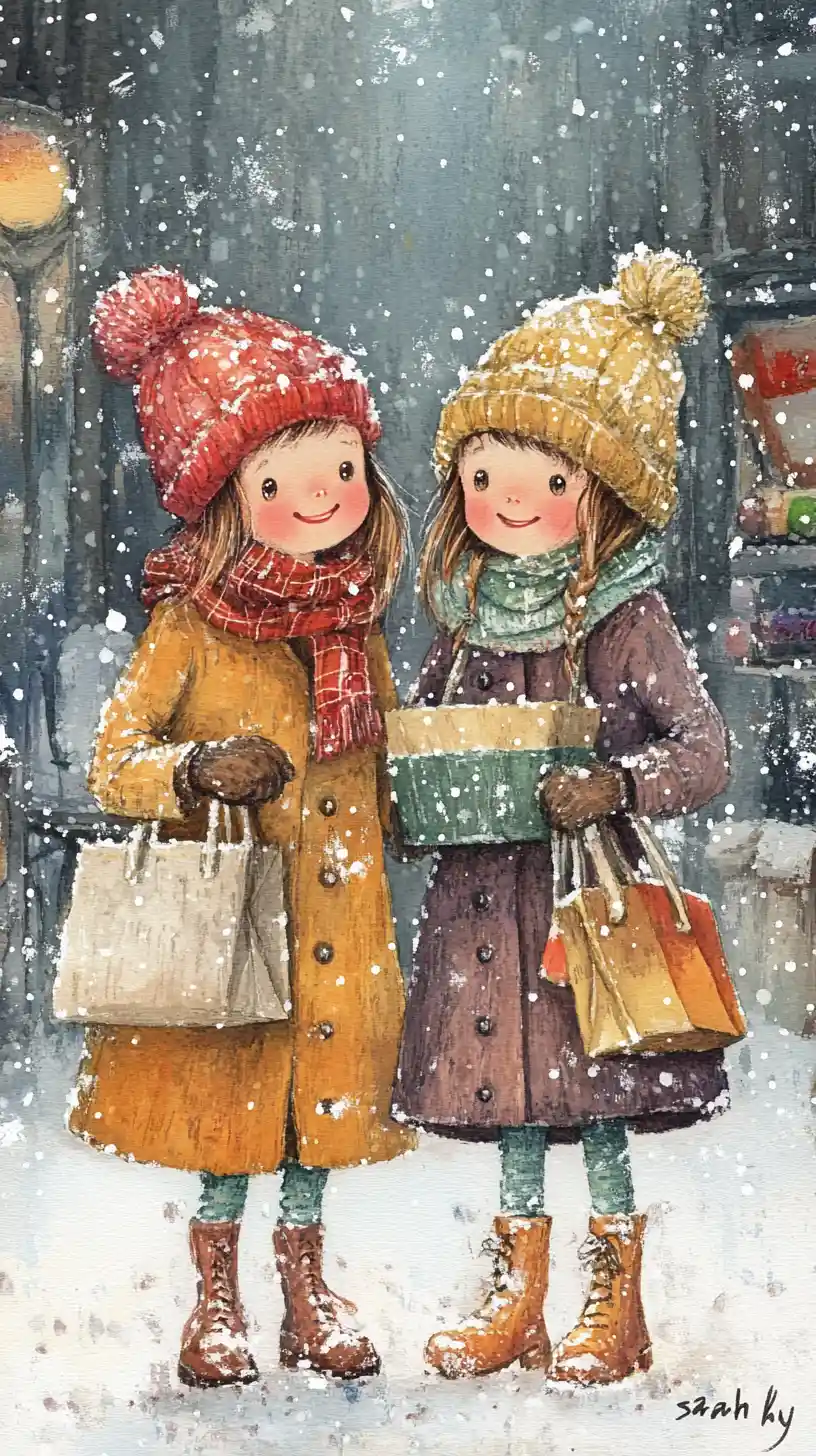 Two smiling girls in winter clothes at a street market