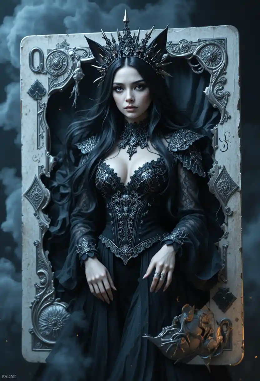 Dark fantasy queen emerging from a fractured spade card