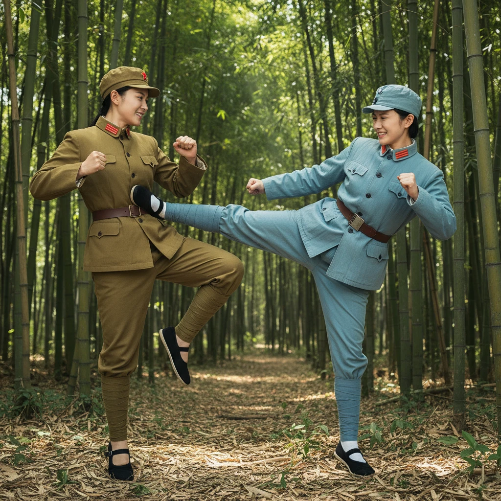 Chinese sisters sparring in martial arts in a bamboo forest