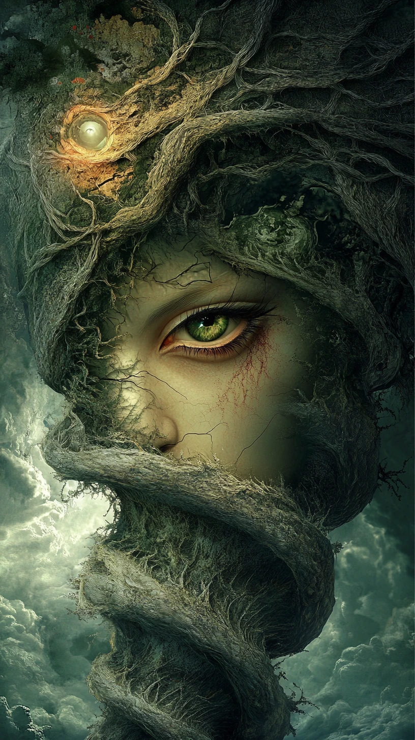 Tornado surreale con occhi penetranti in un regno dark fantasy