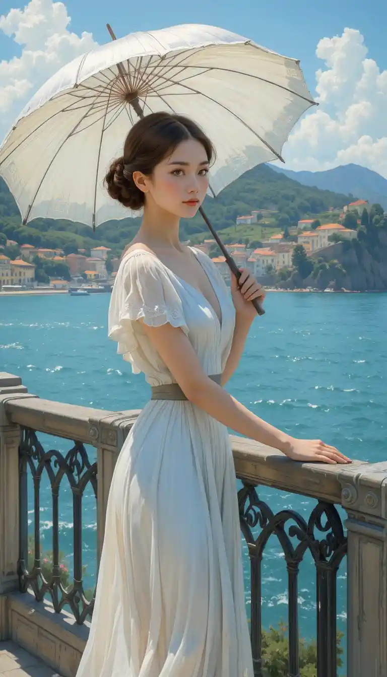 陽光海濱步道上的陽傘年輕女子