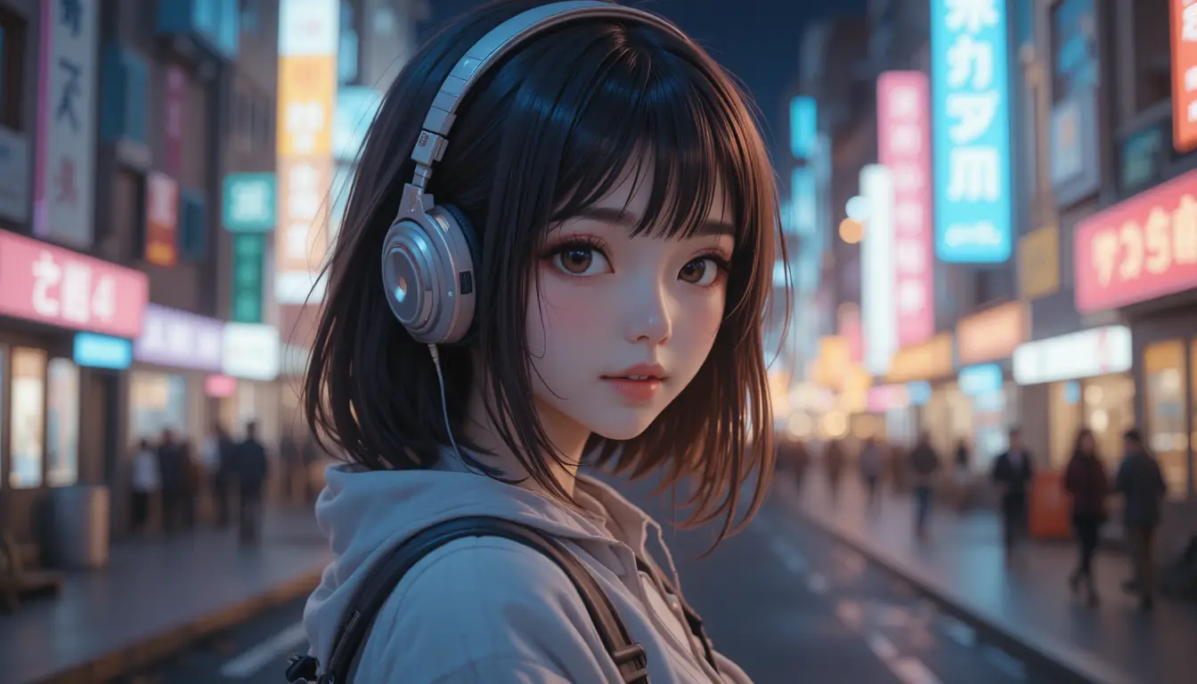 Anime girl with headphones in peaceful night city lights