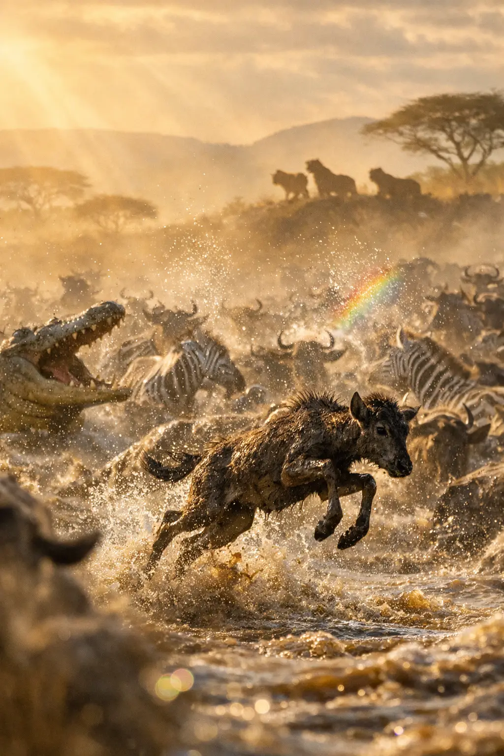 Wildebeest river crossing at dawn in Maasai Mara