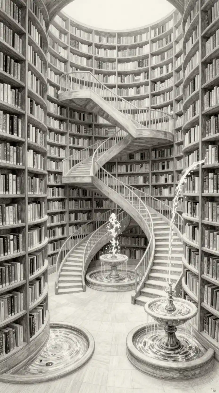 Surreal Infinite Library Of Impossible Staircases And Shelves