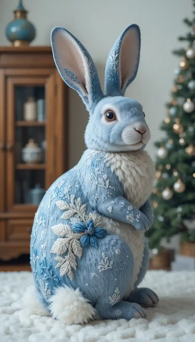 居心地のよいクリスマスツリーのそばで霜の刺繍が施された飾りウサギ