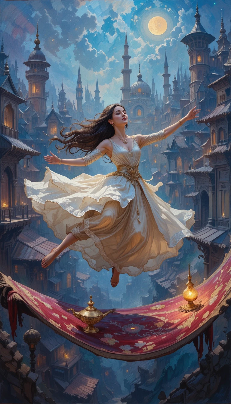 Impressionist painting of girl and Aladdin flying over city