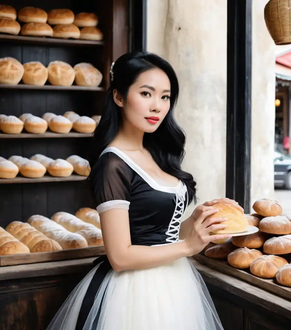 Mulher vietnamita com vestido de dirndl de tule em interior de padaria
