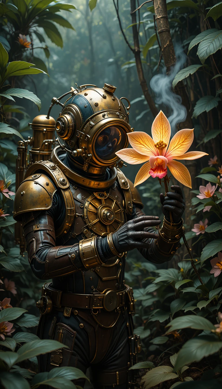 發條叢林中研究發光機械蘭花的探險者