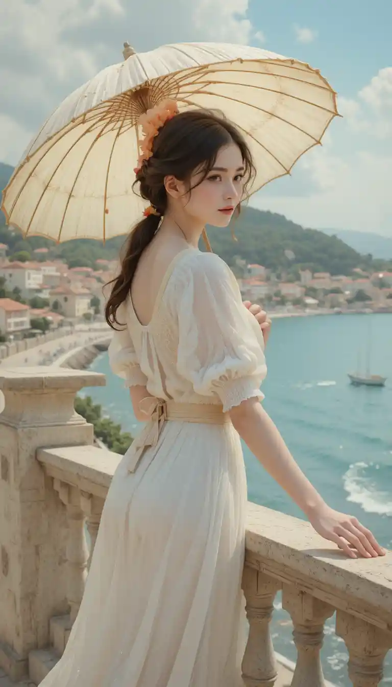 陽光海邊欄杆旁撐著陽傘的年輕女子