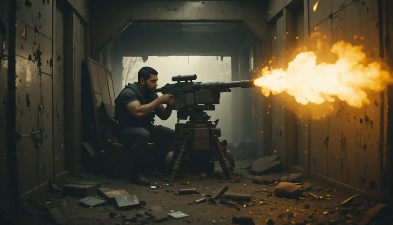 Soldier firing heavy machine gun in a ruined corridor