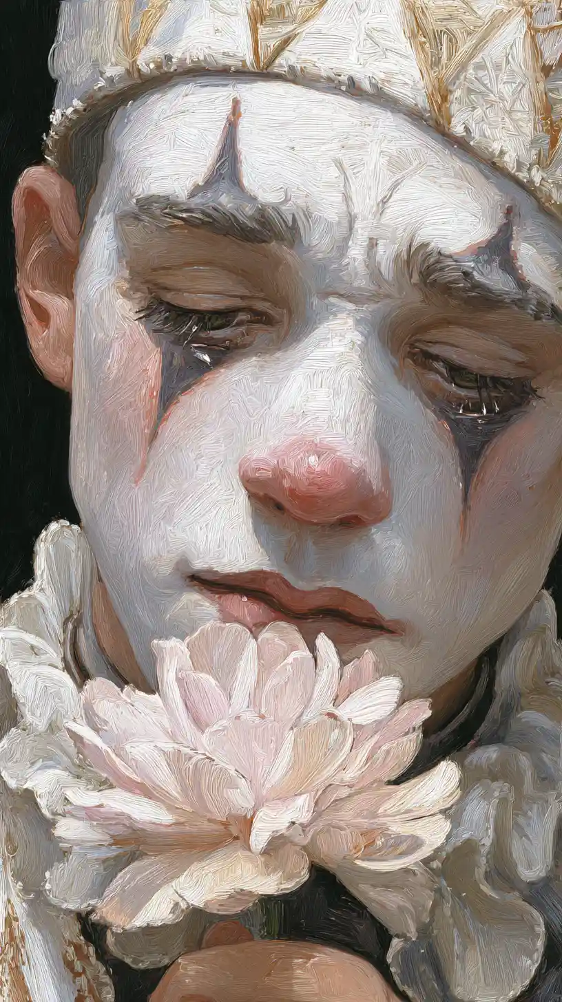 Melancholic pierrot holding a pastel flower in the circus