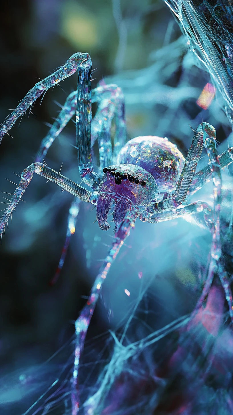 Glowing Cybernetic Glass Spider On Tree Bark Close Up