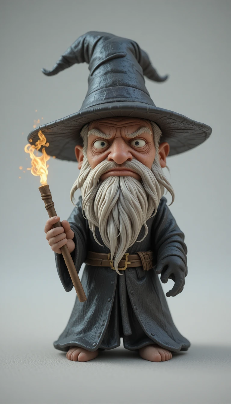 Minuscule sorcier grincheux en argile tenant une baguette tordue et lumineuse