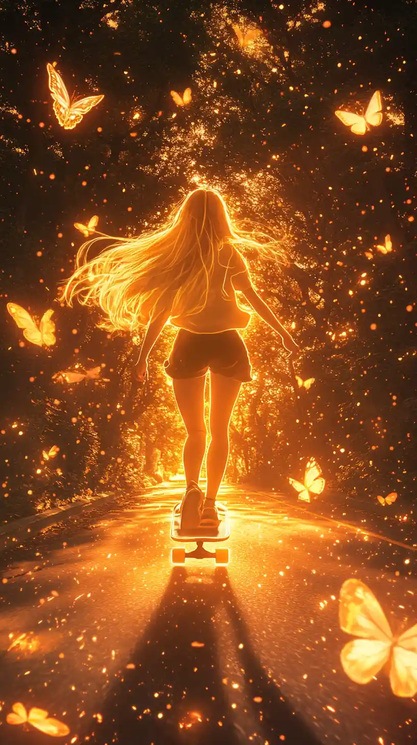 Young girl skating on glowing board down city street