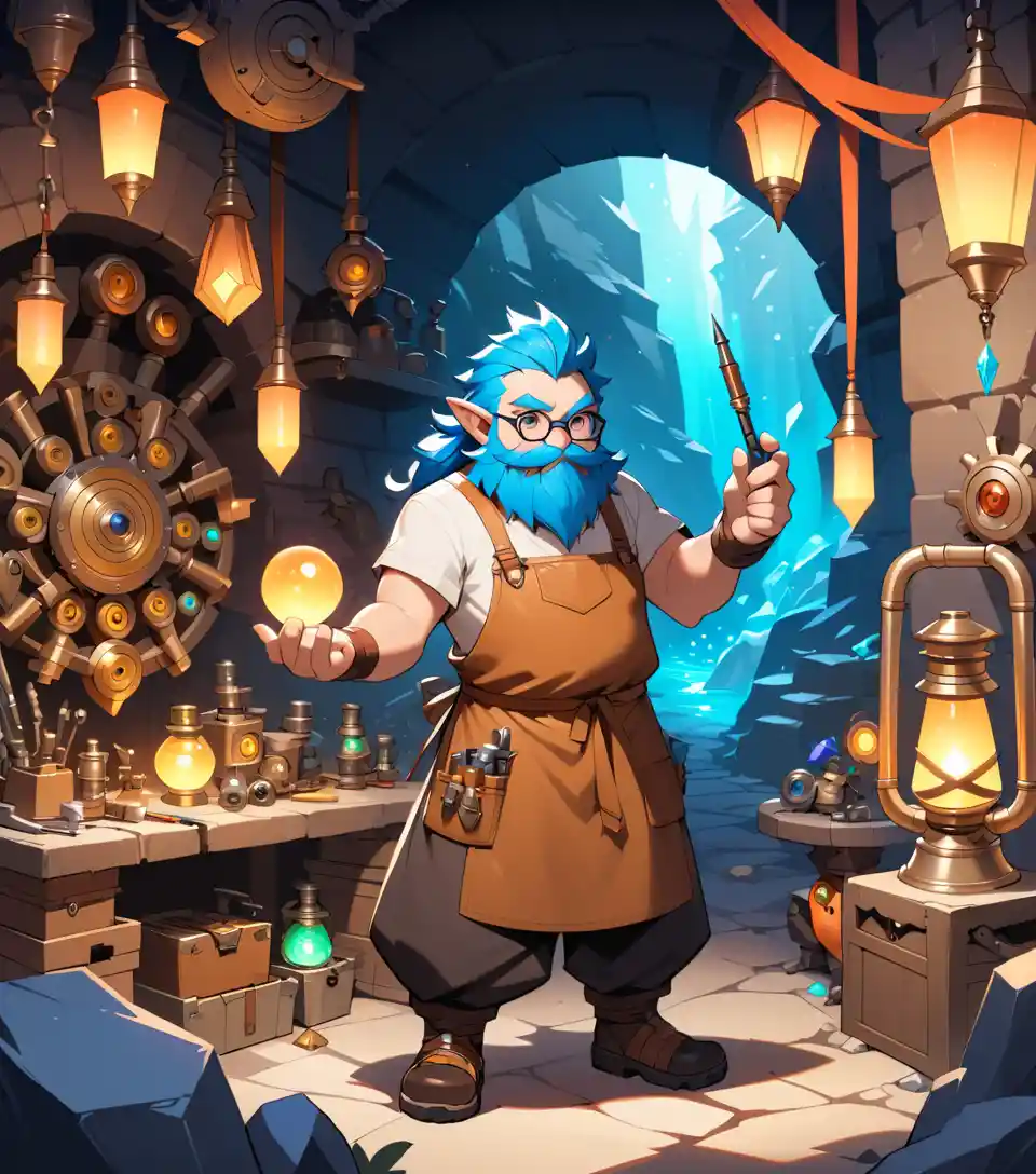 Artisan gnome des roches dans un atelier de caverne rempli d’engrenages et d’outils