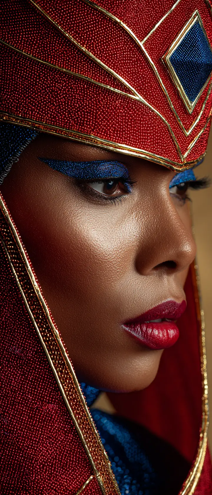 Portrait of a woman in red headdress with sapphire jewel