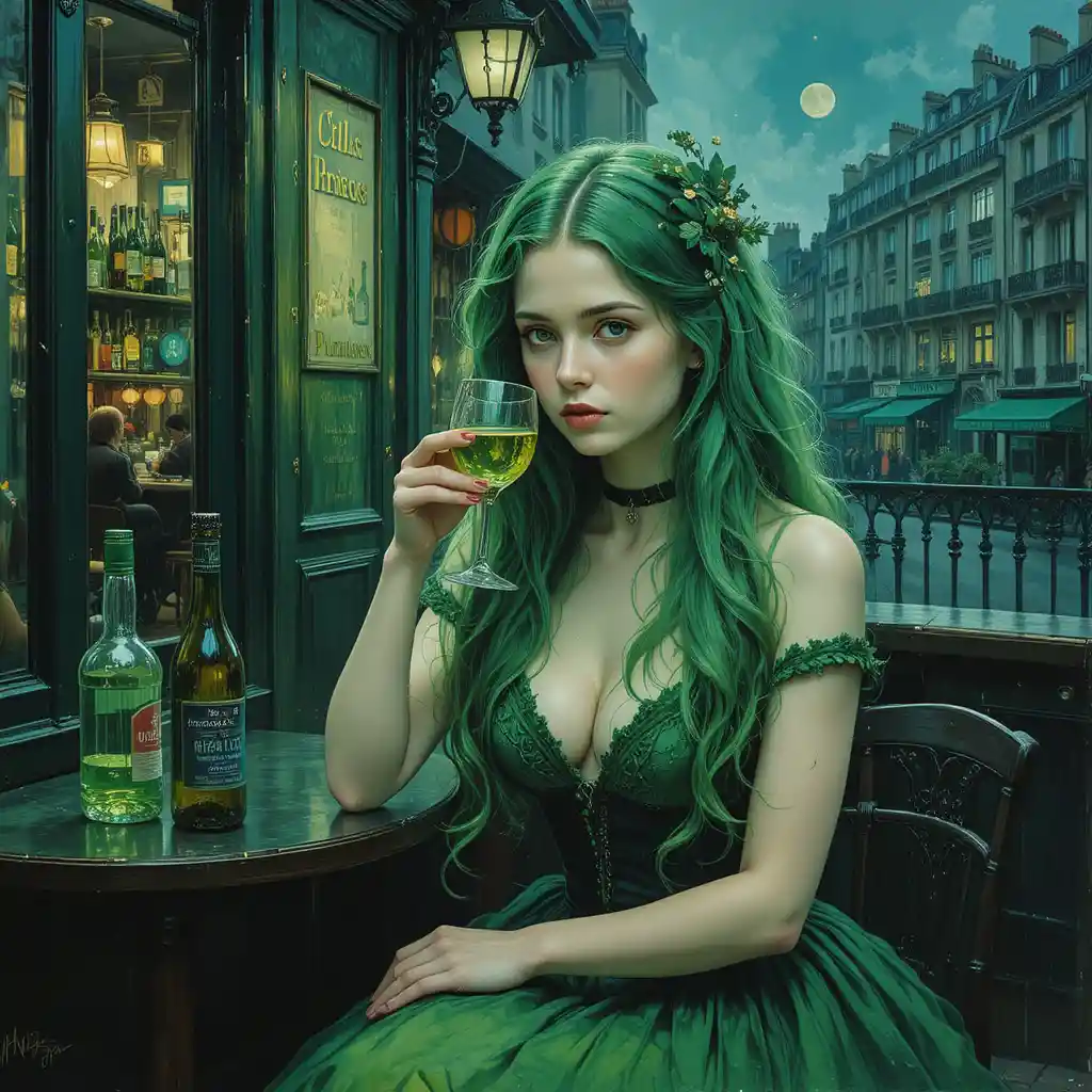 Green haired girl drinking absinthe on a Paris terrace