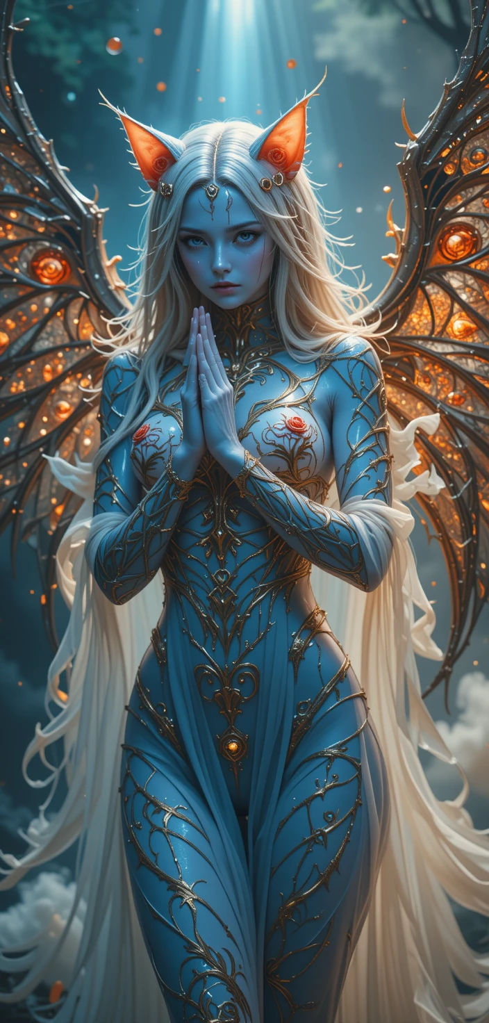 白色妖精宮殿前憂傷的藍膚貓女孩