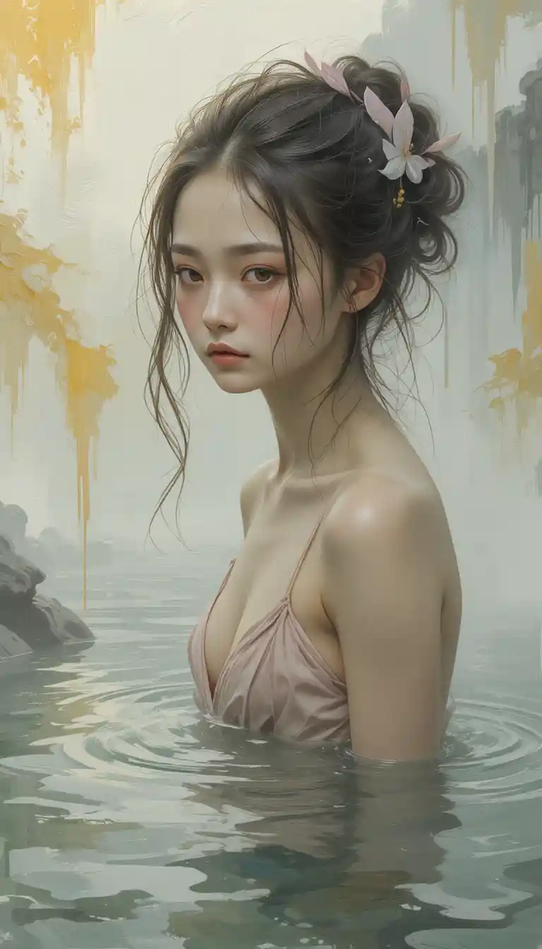 Melancholic girl portrait in a foggy hot spring scene