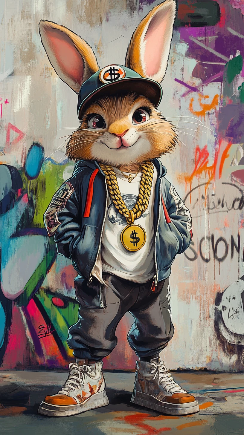 Hip hop rabbit tying boots on a graffiti covered street
